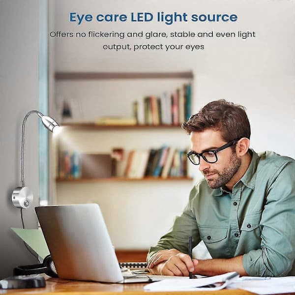 360° Fleksibel LED Boglampe, 3 Lysstyrker, USB, Seng/Skrivebord/Rejse