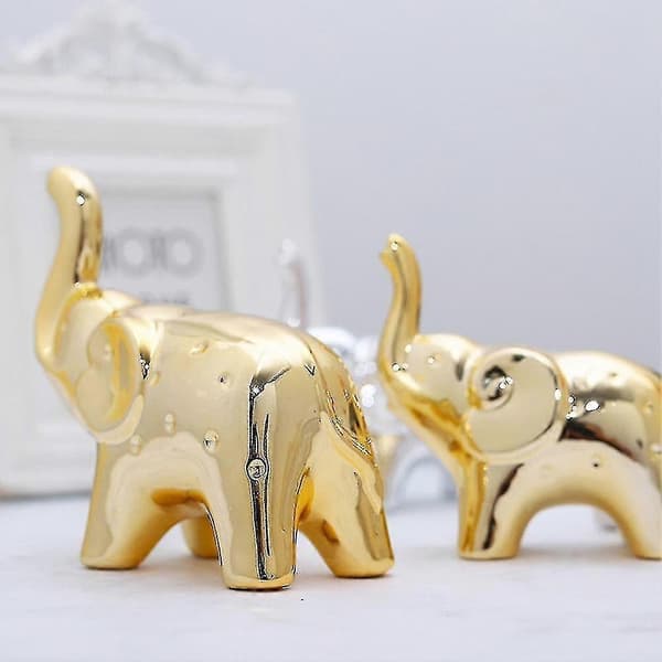 Par af Elefantstatuer Boligdekoration, Egnet til Kontor Skrivebord Hjem (Guld)