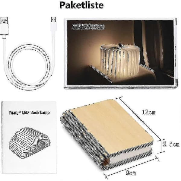 Træboglampe, foldbar boglampedekoration, varm hvid