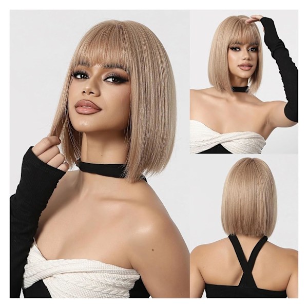 Dam Fashion Champagne Brun Kort Rak Bob Peruk