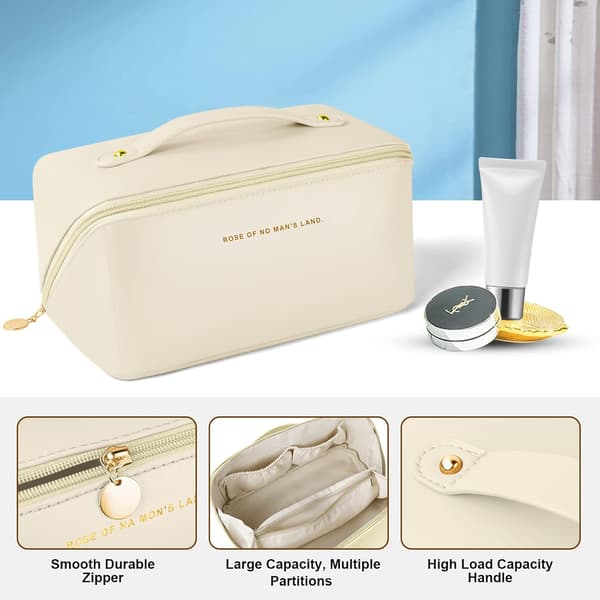Off-White PU Reise Kosmetikkveske – Stor Lagdelt Vanntett Toalettmappe