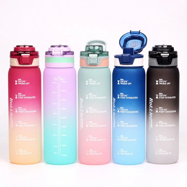 Drikkedunk, 1000 ml sportsvandflaske med tidsmarkeringer, lækagesikker drikkedunk, BPA-fri til fitness/cykling/camping/løb (blå)