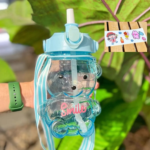 1000ml drinking bottle, cute bear water bottles, large-capacity drinking bottle, with straw and strap (green)