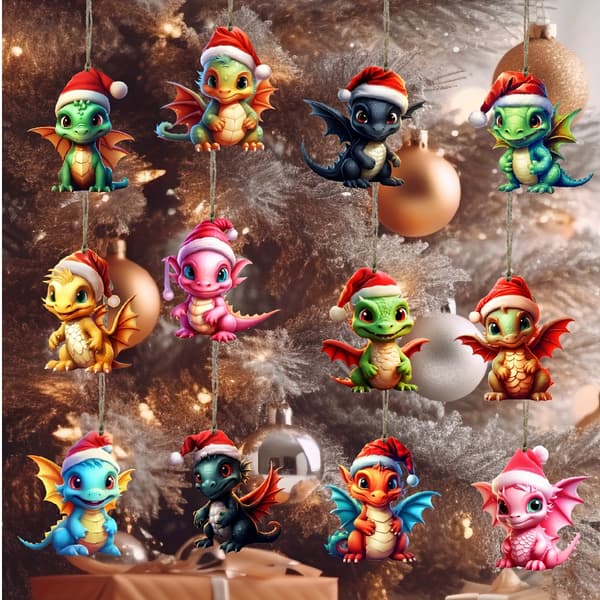 12 Jule dinosaurpynt - Juletema, egnet for juledekorasjon, julegaver