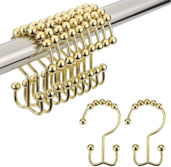 Gardinkrokringar, rostbeständiga dubbla duschdraperikrokar i rostfritt stål, duschdraperi och foder för badrum, 12-delars set, guld