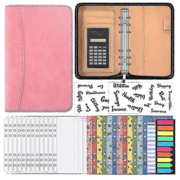 A6 Budget Planner med Lommeregner Lynlås Budgetmappe (Pink)