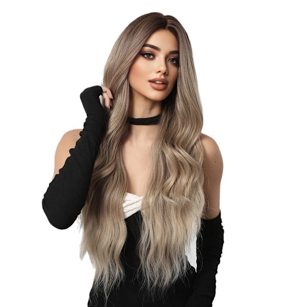 Kvinners midtskill gradient brun lang krøllete fluffy parykk