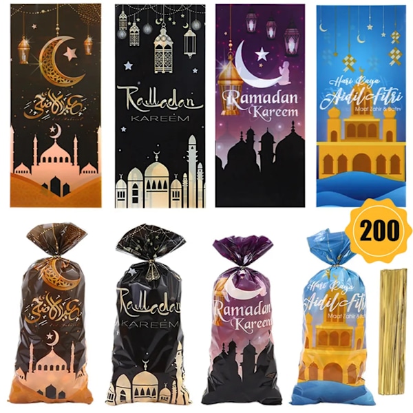 200 stk  festposer, Ramadan-tema moské trykte mønster festgodteposer, gaveposer, med 105 vriddbare slips