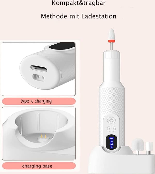 Manikyr- och pedikyrset, elektrisk nagelfil, 6 nagelvårdsfästen, 2 laddningsmetoder, 3 hastighetsnivåer, med LED-display - Vit