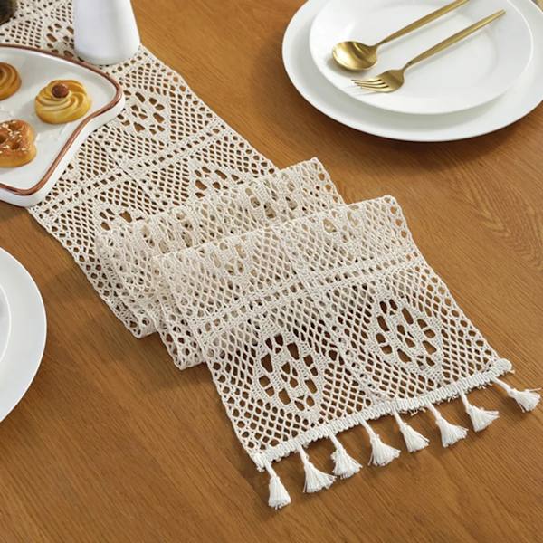 Bordløber Boho, 24x220CM Boho dekoration, bordløber beige med kvaster, til dekoration Boho, bryllup, brudebad, spisebord replika