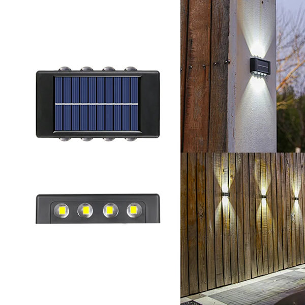 Solcellslampor för trädgårdsvägg, vitt ljus 8 LED-vägglampa upp och ner dekorativ väggbelysning vattentät, för uteplatstrappor