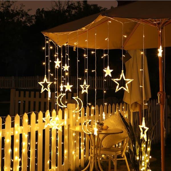3,5M 120-LED Stjerne-Måne Gardin – Varm-Hvid, USB/Batteri Rumindretning