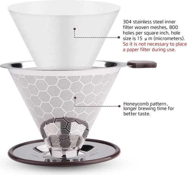 Rustfri Papirløs Kaffefilter – Dobbelt-Mesh Manuel Drypkegle m/ Silikonegreb