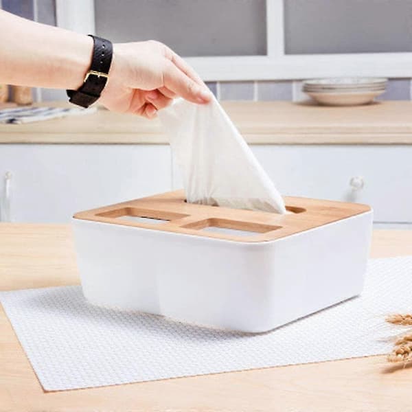 Tissueboks, rektangulær trelokk plast tissueboks servietter hjem bilholder oppbevaringsdekorasjon (22 x 19 x 0,9 cm)