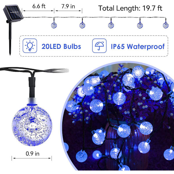Solcellelyskjede utendørs vanntett IP65 20ft 20 LED 8 moduser)