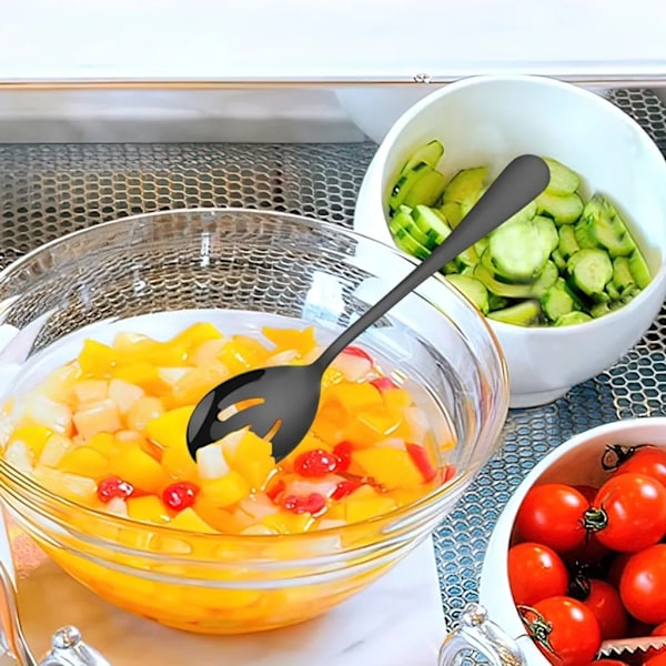 3-delt salatbestiksæt, salatske og -gaffel, rustfrit stål, salatske og -gaffel, tåler opvaskemaskine (sort)