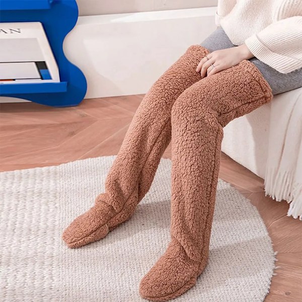 1 Pair Plush Slipper Socks, Long Leg Warmers for Women Men, Over Knee High Fuzzy Socks Winter Home Sleeping Socks (Brown)