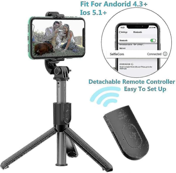 Selfie Stick Tripod, Rustfrit Stål, Fjernbetjening, iPhone/Android
