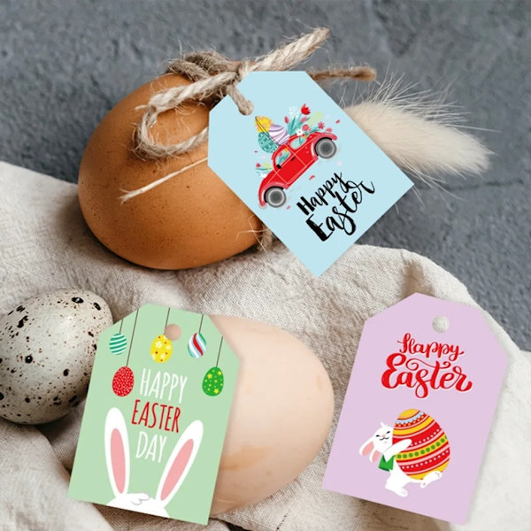 Påske gavemærker, 48 stk. Happy Easter, påskehare papir mærker med snor, påskehare mærker til påskefest, gavedekorationer