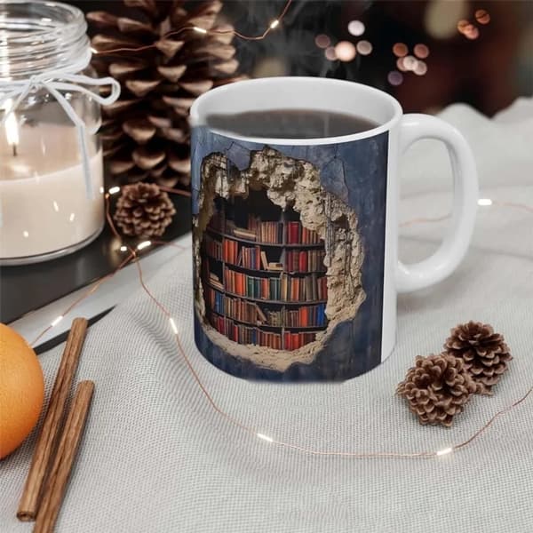 Kaffe kopp 3D bokhylla kopp bok kopp bibliotek hylla kopp multifunktionell kopp present till läsare, vinter skönhetsälskare