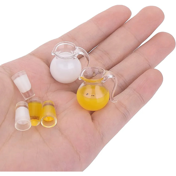 6 st 1/12 miniatyr mjölkkanna dryck apelsinjuice burk med glas dockhus kökstillbehör