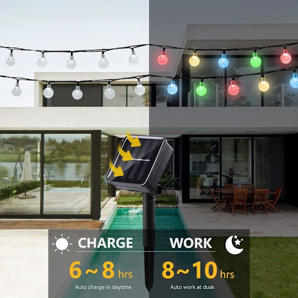 20 LED krystallkule solcellelyssnor superlysende utendørslys med 8 lysmoduser vanntett