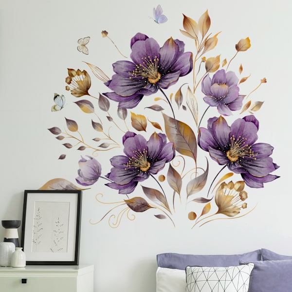 Gullblad lilla blomster veggklistremerke, hjemmedekorasjon