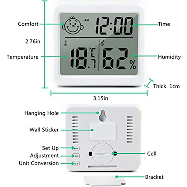 3-pakke LCD digitalt termometer hygrometer med digital klokke for babyrom stue kontor kjøleskap pluss