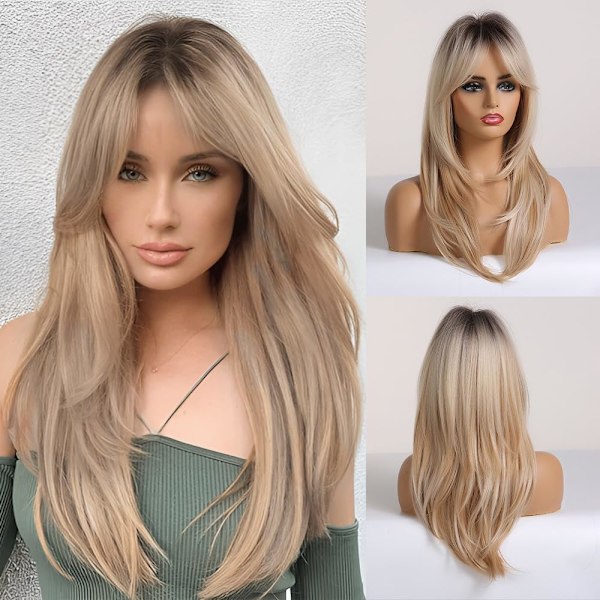 Blond, lockig, axellång damperuk med lugg, 61 cm