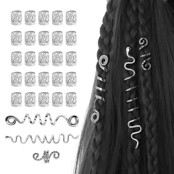 28 stycken Dreadlocks Smycken Hårspännen, Spiral Hårklämmor, Justerbara Metallmanschetter, Orm Dreadlock Hårklämma Hårklämma, Silver