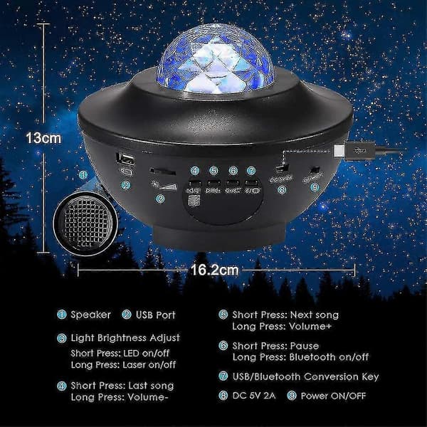 Stjernelysprojektor, Bølge Stjernelysprojektor LED Nebula Atmosfærelys, Bluetooth