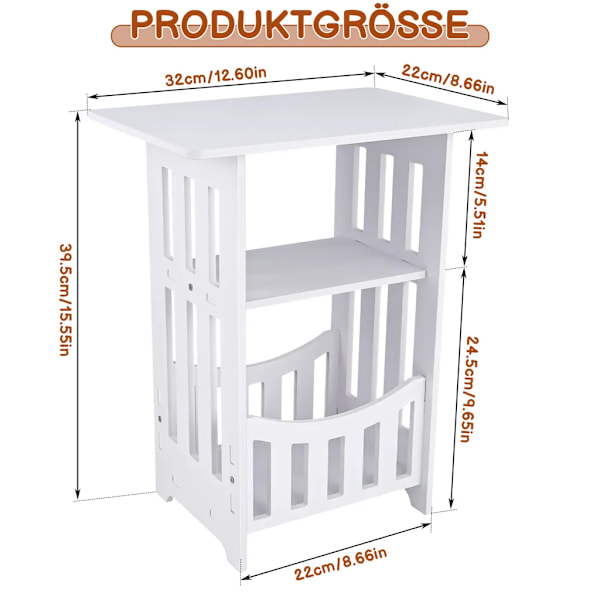 Sidebord, sengebord 3 niveauer, 32x22x40cm, sofabord, sofabord, til soveværelse, stue, hvid