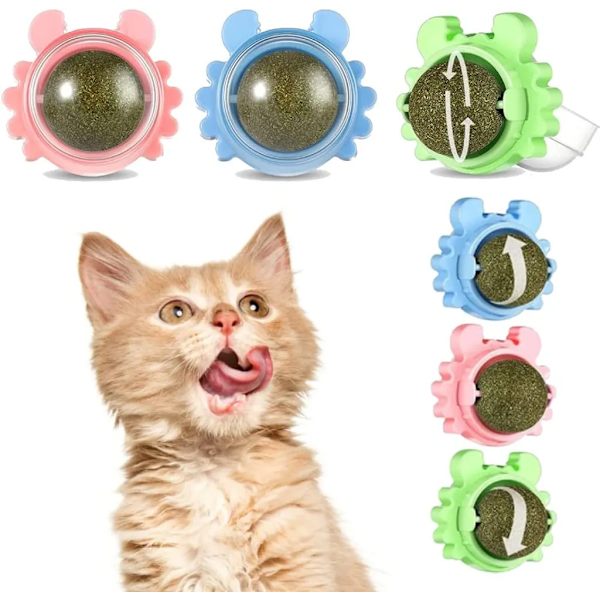 3-pack 360° roterande kattmyntbollar med lock, kattvägg godsaker, interaktiva kattleksaker, effektiva för att rengöra tänder och förbättra kattens spänning