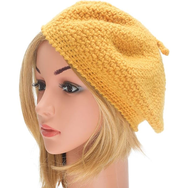 Vinterstrikket beret dame varm hat gul