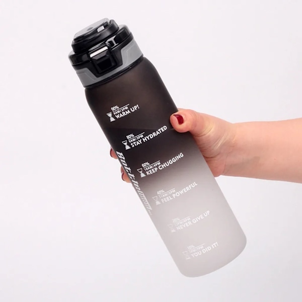 Drikkedunk, 1000 ml sportsvandflaske med tidsmarkeringer, lækagesikker drikkedunk, BPA-fri til fitness/cykling/camping/løb (sort)