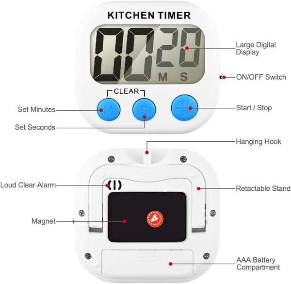 Kjøkken Timer, Nedtellingstimer, Stor Elektronisk LCD-skjerm, Minnetimer - 2-pakning