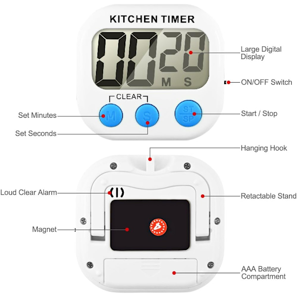 Køkken Timer, Nedtællingstimer, Stort Elektronisk LCD-display, Hukommelsestimer - 2-pak