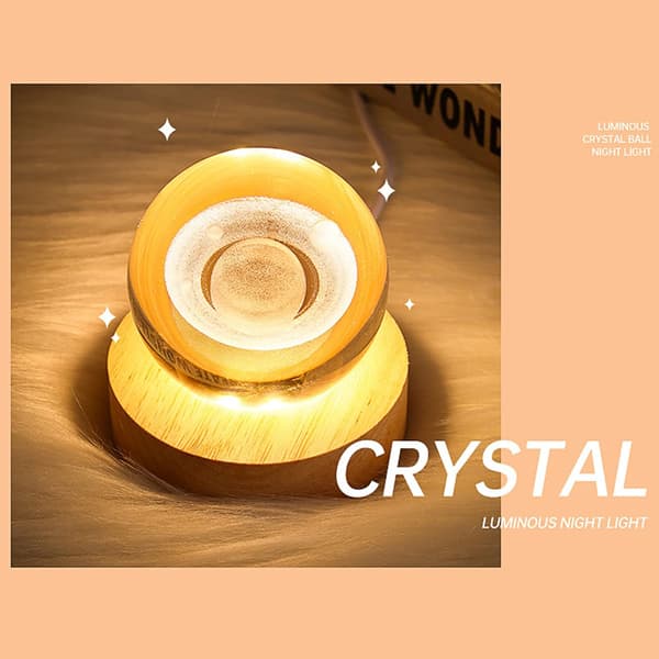 Krystallkule Nattlys, LED Transparent Krystallkule Lys med Trebase, Egnet for Bursdagsgaver - 6CM
