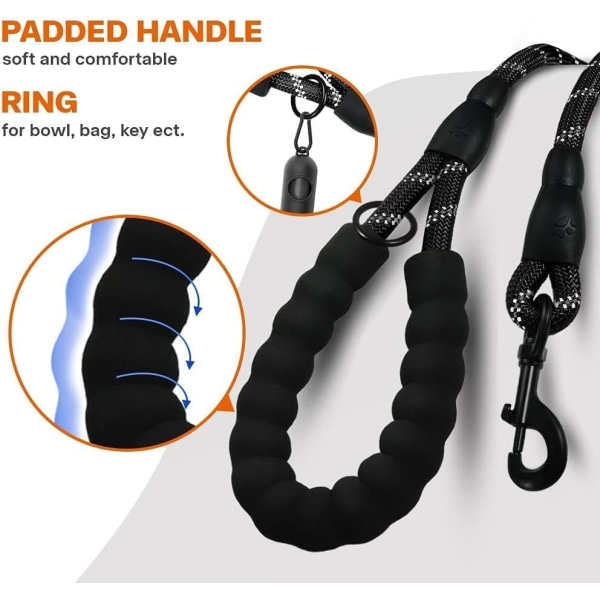 Reb hundesnor med komfortabelt polstret håndtag, stærkt reflekterende tråde hundesnor til store hunde black L-1/2"x6'