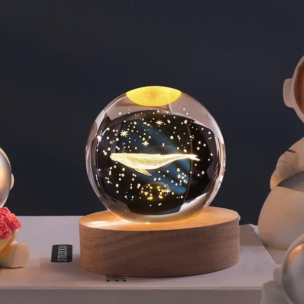 3D Hval Krystallkule Nattlys med Stativ, Glasskulelys, Julegave