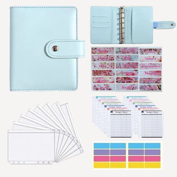 A7 Blå PU Budget Binder – 12 Kontantkuvertark, Spareorganisator