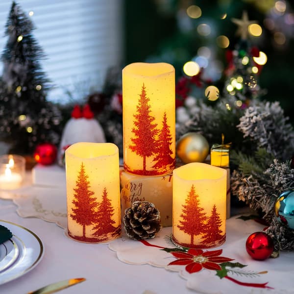 Flammeløse stearinlys med timer, jule-LED, batteridrevet lysdekorasjon, 3-delt sett, rød julepynt, julegave