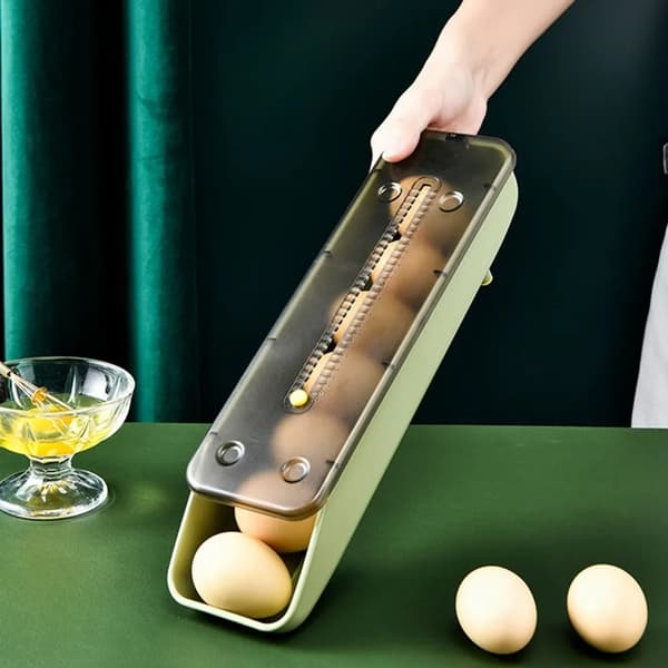 Rullende eggstativ, eggdispenser for kjøleskap, eggbrett, eggstativ, automatisk rullende eggboks, stabelbar, med tidsmarkering