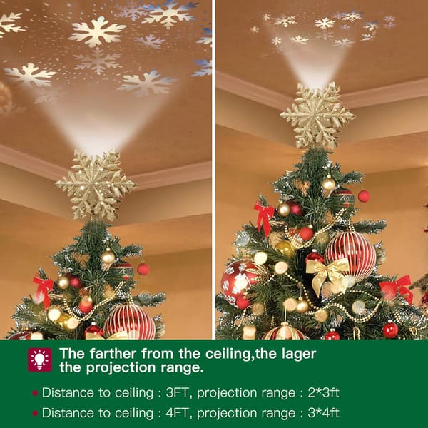 Guld LED Roterande Snöflinga Trädtopp – 3D Ihålig Julprojektion