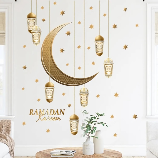 Ramadan-tarrat seinäkoristeluun, seinätaidekoristelu, kuu, tähdet, kirjaimet, itseliimautuvat tarrat, kultakoriste, seinätarrat