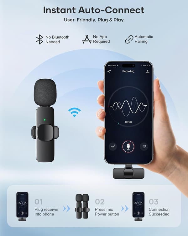 2-pakning trådløse Lavalier-mikrofoner – Plug-and-play støyreduksjon for iPhone/Android