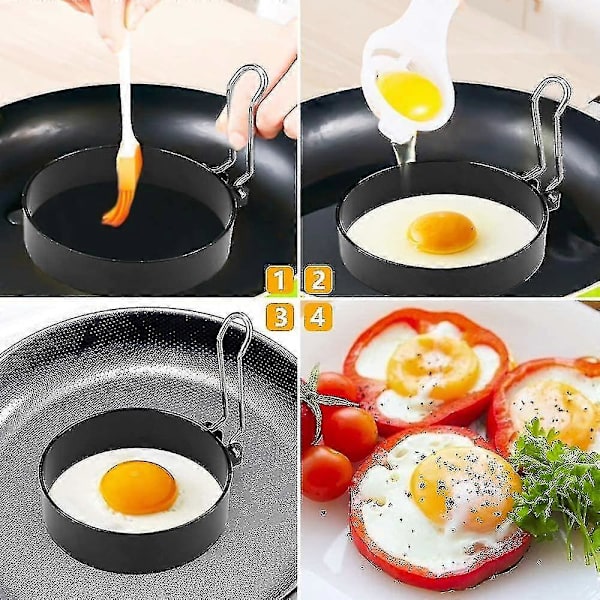 Äggringar i rostfritt stål, 4-pack non-stick äggringar med fällbara handtag, 7,5 cm
