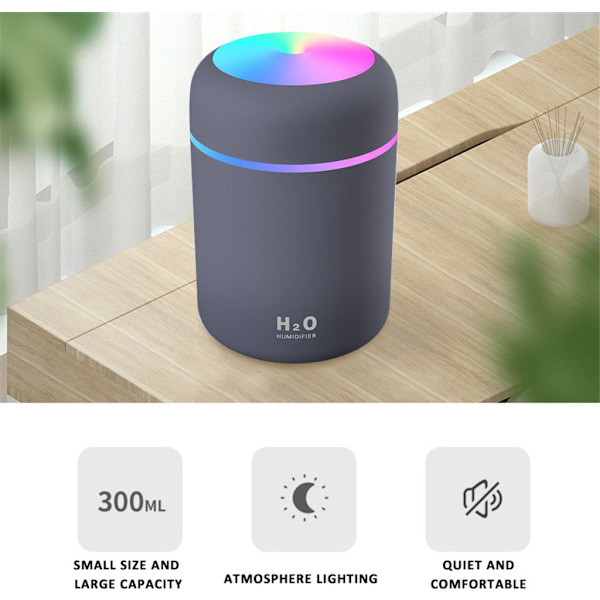 300 ml LED Luftfugter USB Aromaterapi Luftrenser Bil Luftrenser med Farvede LED-lys, Hvid