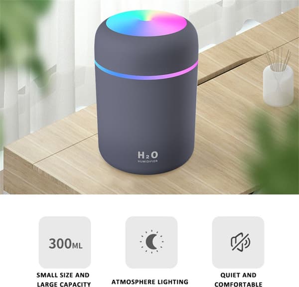 300ml LED Luftfukter USB Aromaterapi Luftrenser Bil Luftrenser med Fargede LED-lys, Grå