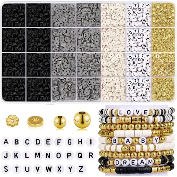 Pärlor för pärlplattor, 5000+ pärlor set, lerpärlor, pärlor för att göra egna armband med bokstäver, siffror, kärlekspärlor (svart)